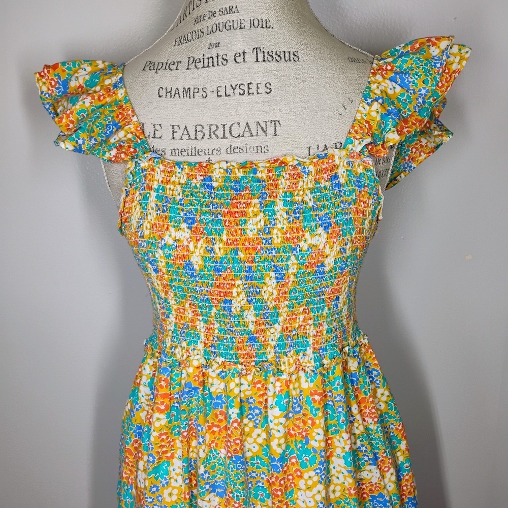 THML Garden Floral Smocked Midi Dress Women Large Tiered Ruffle Cottage Feminine - Picture 2 of 12